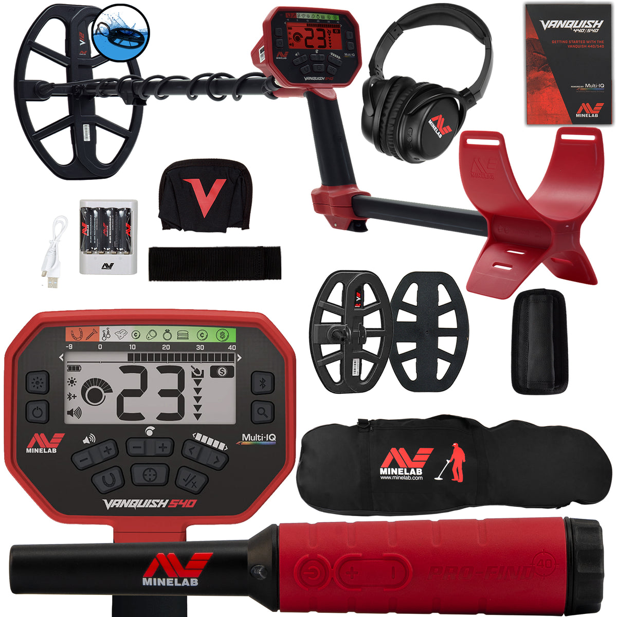 The Minelab VANQUISH 540 Pro Pack Metal Detector with Pro-Find 40 and Carry Bag. The detector is primarily black and red with various accessories including waterproof coils, headphones, a digital display unit, and a carry bag.