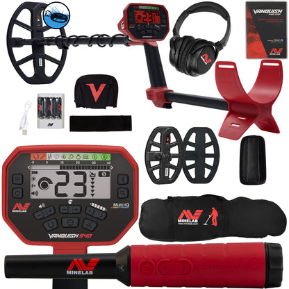 The Minelab VANQUISH 540 Pro Pack Metal Detector with Pro-Find 40 and Carry Bag. The detector is primarily black and red with various accessories including waterproof coils, headphones, a digital display unit, and a carry bag.