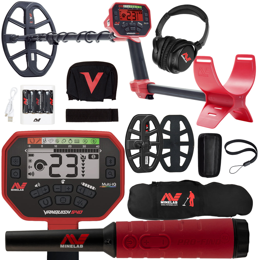 A Minelab metal detector set displayed on a white background, including a red and black Vanquish Pro handheld detector, a black coil, a pair of black headphones, a red armrest, black coil with cover, a battery charger, batteries, a strap, and rain cover