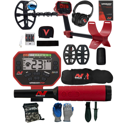 Minelab VANQUISH 540 Pro Pack Metal Detector with Pro-Find 40, Carry Bag, and Serious Detecting accessory kit with pouch, gloves, and digging knife
