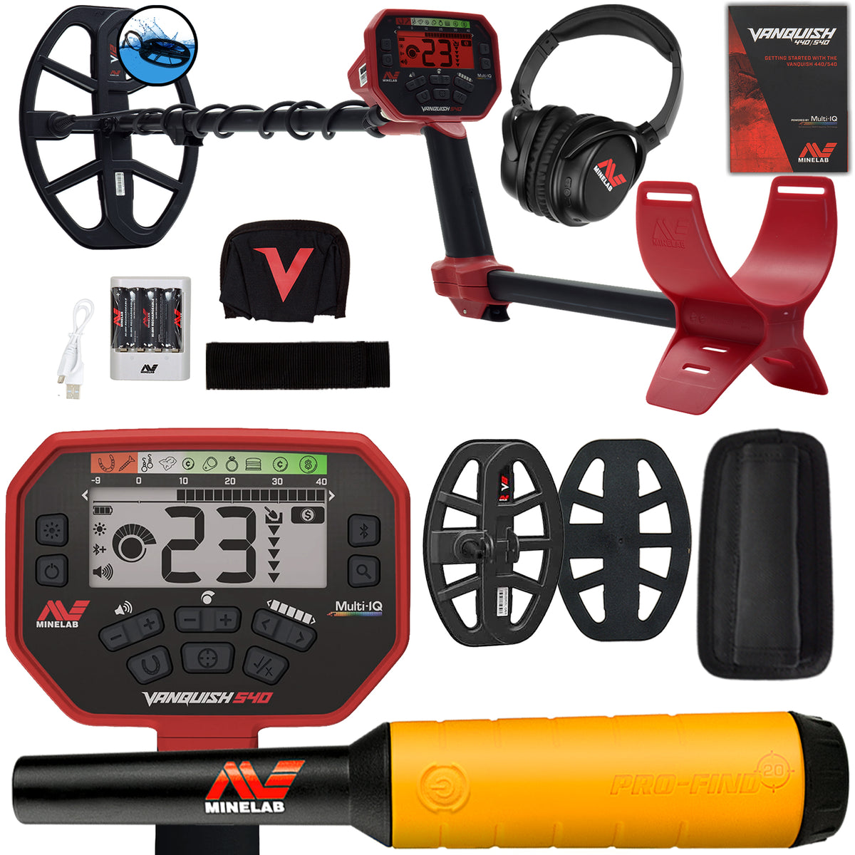An assortment of metal detecting equipment including a Minelab VANQUISH 540 metal detector with two coils, a Pro-Find 20 Pinpointer, headphones, batteries, a battery charger, and a rain cover laid out on a white background