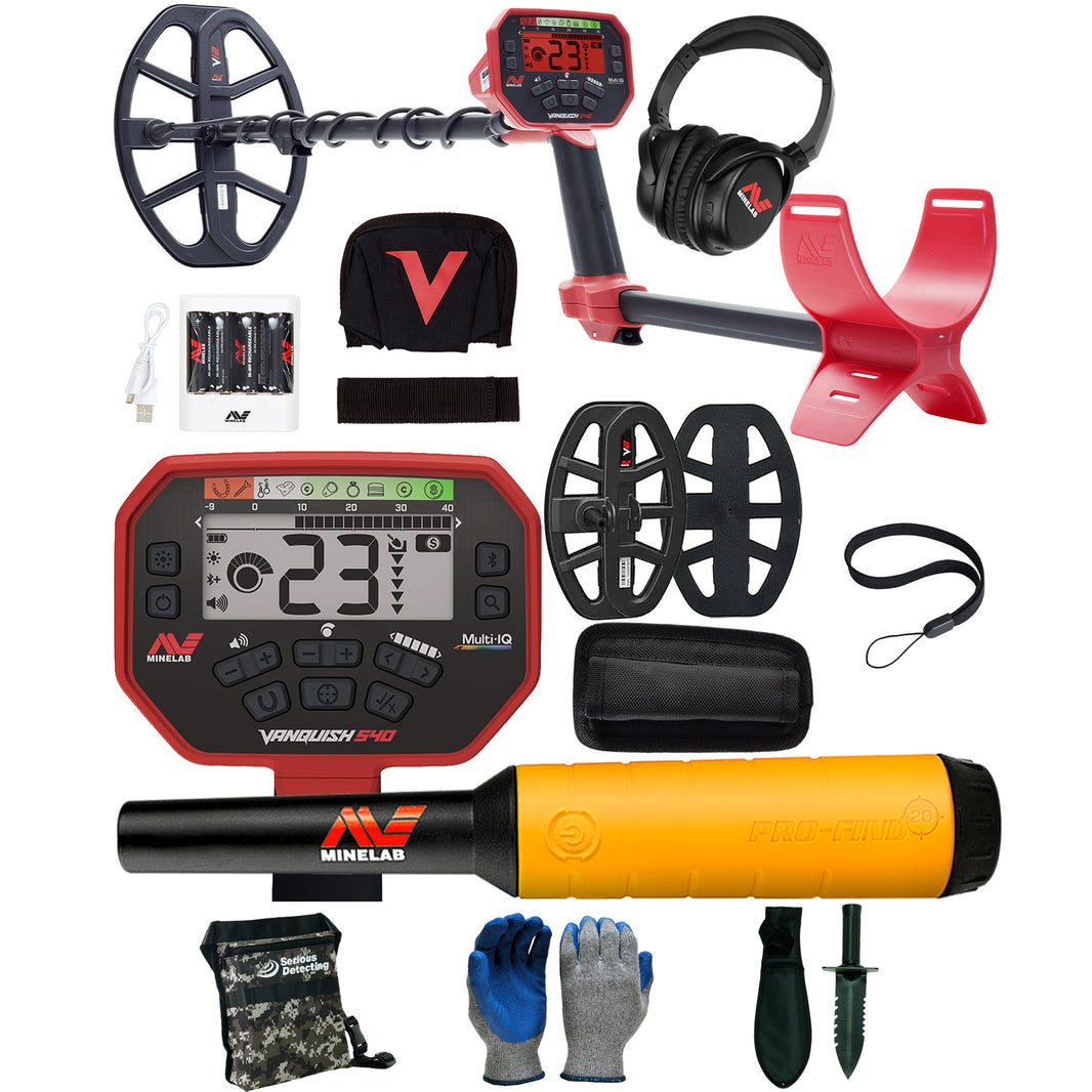 Vanquish Multi-IO metal detector set with a red and black control unit, yellow and black pinpointer, black headphones, red armrest, dual coils and covers, batteries, charger, strap, and rain cover and kit with gloves, digger, and accessories, arranged on a white background.