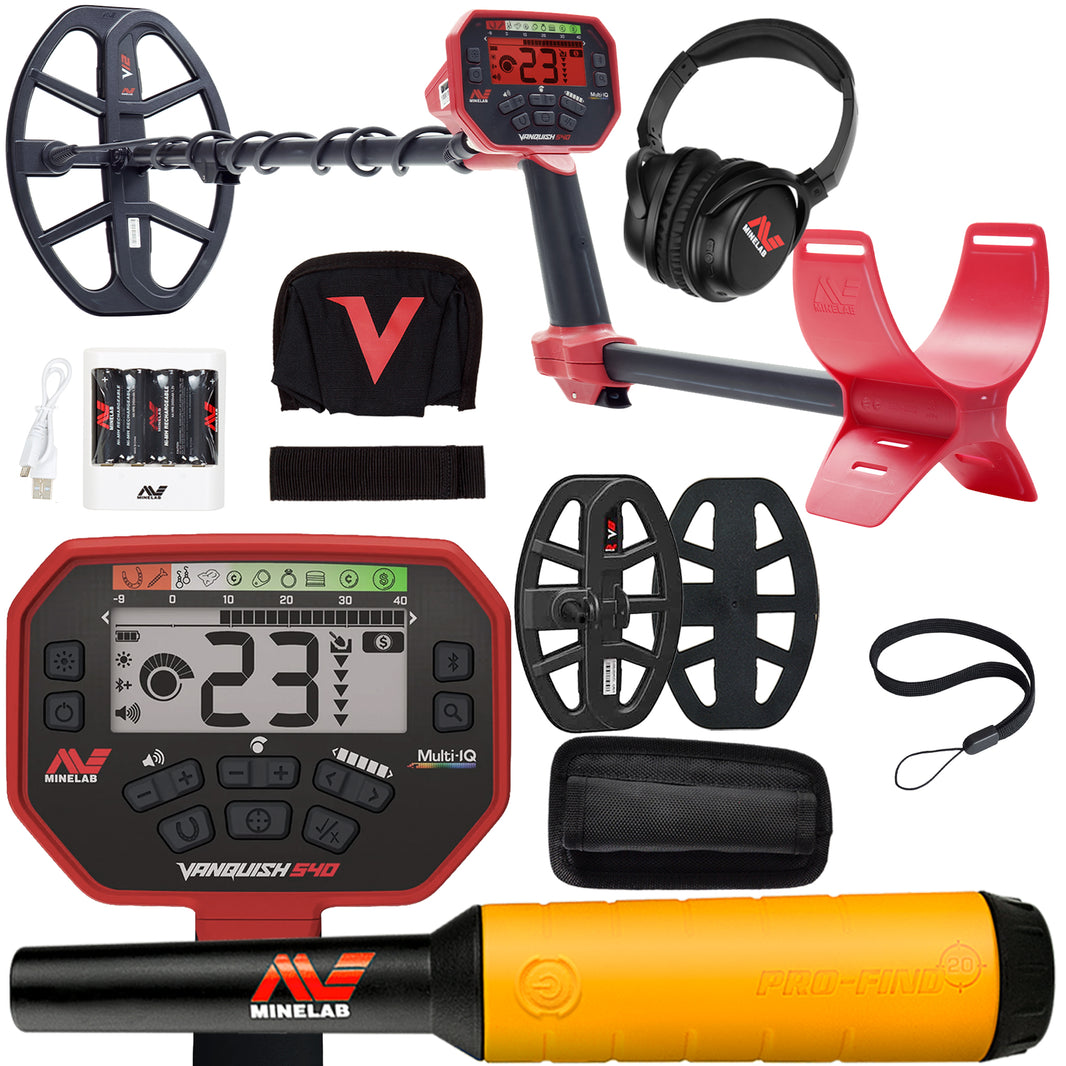 Vanquish Multi-IO metal detector set with a red and black control unit, yellow and black pinpointer, black headphones, red armrest, dual coils and covers, batteries, charger, strap, and rain cover on a white background.