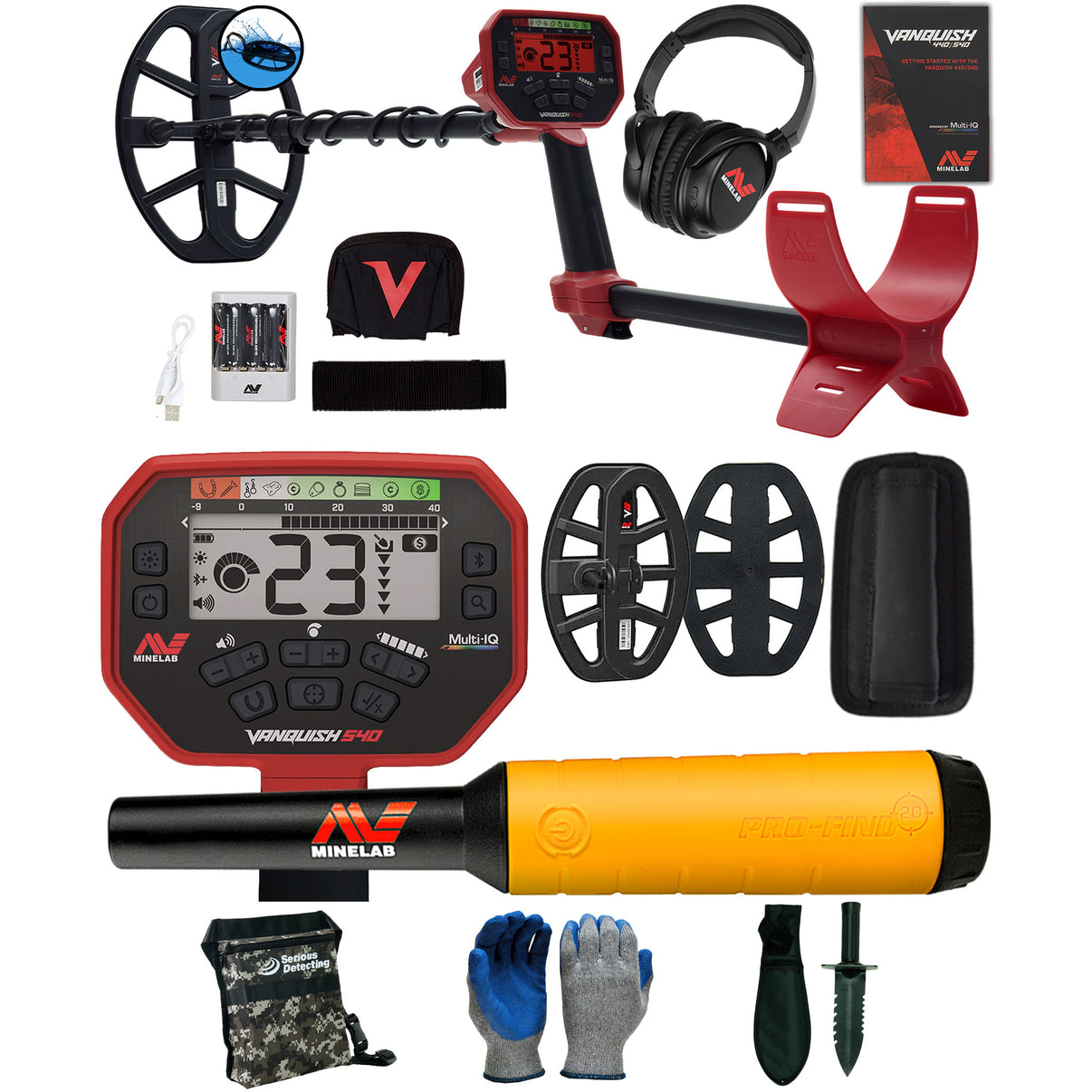 Minelab VANQUISH 540 Pro Pack Detector with 2 Coils and Pro-Find 20 Pinpointer and Serious Detecting accessory kit with pouch, gloves, and digging knife
