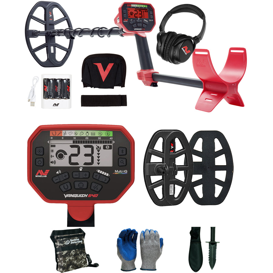 Vanquish 540 metal detector kit with a red and black control unit, black coil, red armrest, headphones, batteries, gloves, shovel, and pouch on a white background.