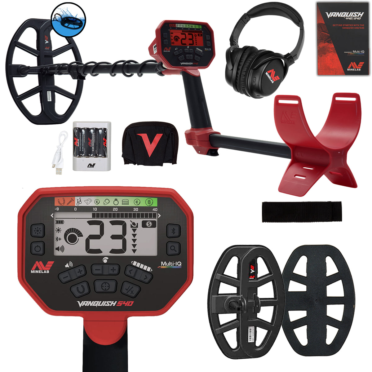 Minelab Vanquish 540 Pro Pack box contents: detector, V12 and V8 waterproof coils, ML 80 wireless headphones, AA NiMH batteries and charger