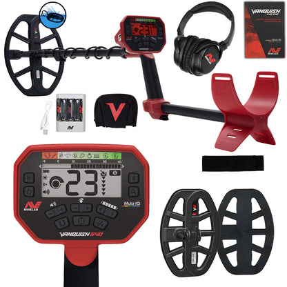 Minelab Vanquish 540 Pro Pack box contents: detector, V12 and V8 waterproof coils, ML 80 wireless headphones, AA NiMH batteries and charger