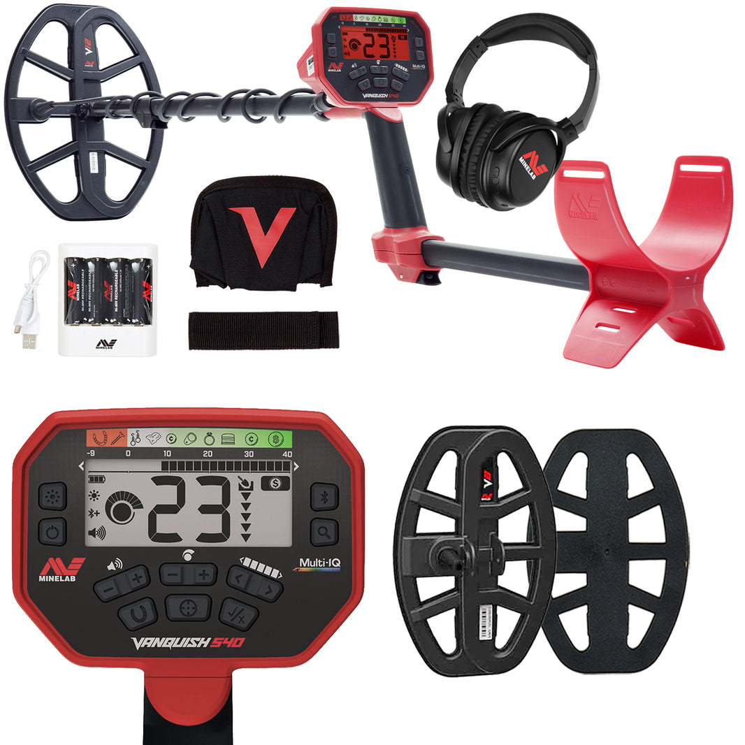 Vanguru 540 Multi-Q metal detector kit with a red and black digital control unit, black coil, red armrest, black headphones, black coils and covers, a black raincover with a red V logo, two batteries, a USB charging cable, and a black strap on a white background.