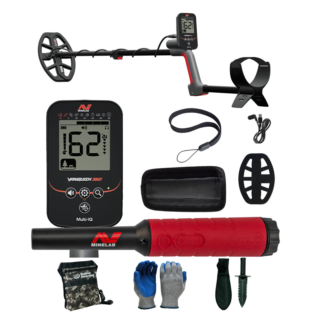Minelab VANQUISH 360 complete bundle with Pro-Find 40 pinpointer and detecting accessories laid out