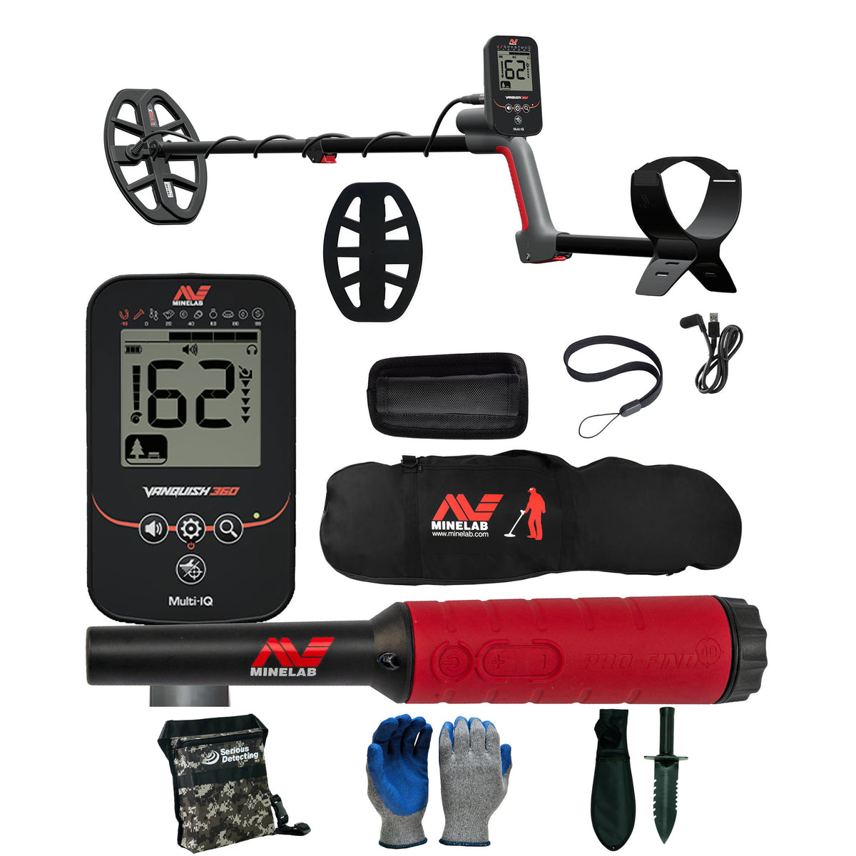 Minelab VANQUISH 360 metal detector complete bundle with Pro-Find 40 pinpointer and detecting accessories