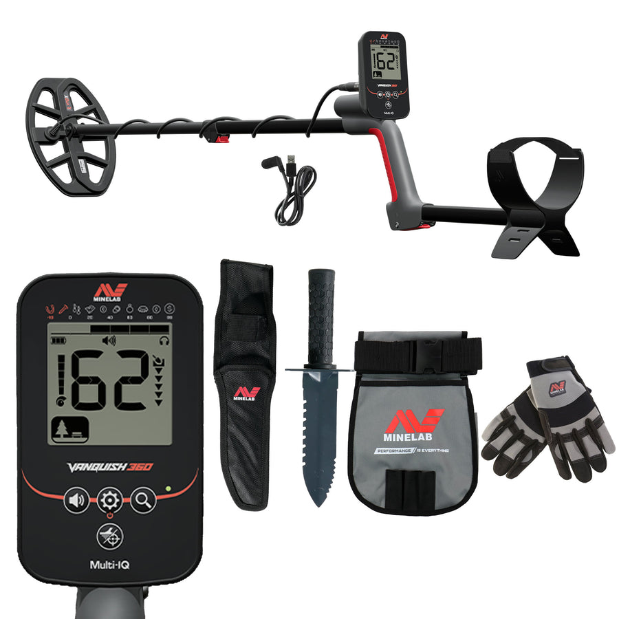 Minelab VANQUISH 360 waterproof metal detector with V10X coil and Adventure Pack accessories