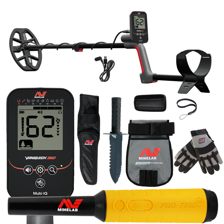 Minelab VANQUISH 360 metal detector with PRO-FIND 35 pinpointer and Adventure Pack items