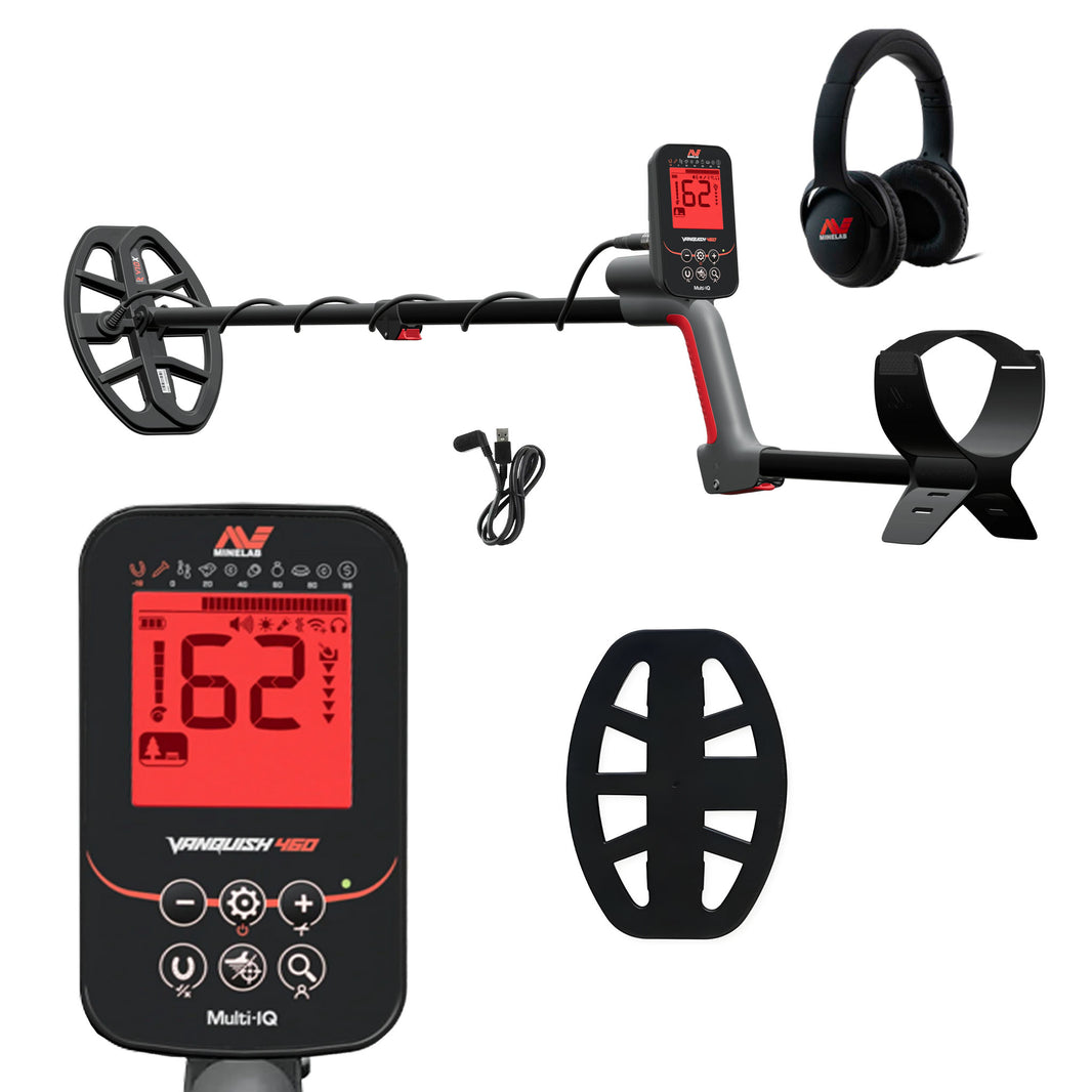 Minelab Vanquish 460 box contents: detector with V10X coil, wired over-ear headphones, charging cable, control box and coil skidplate
