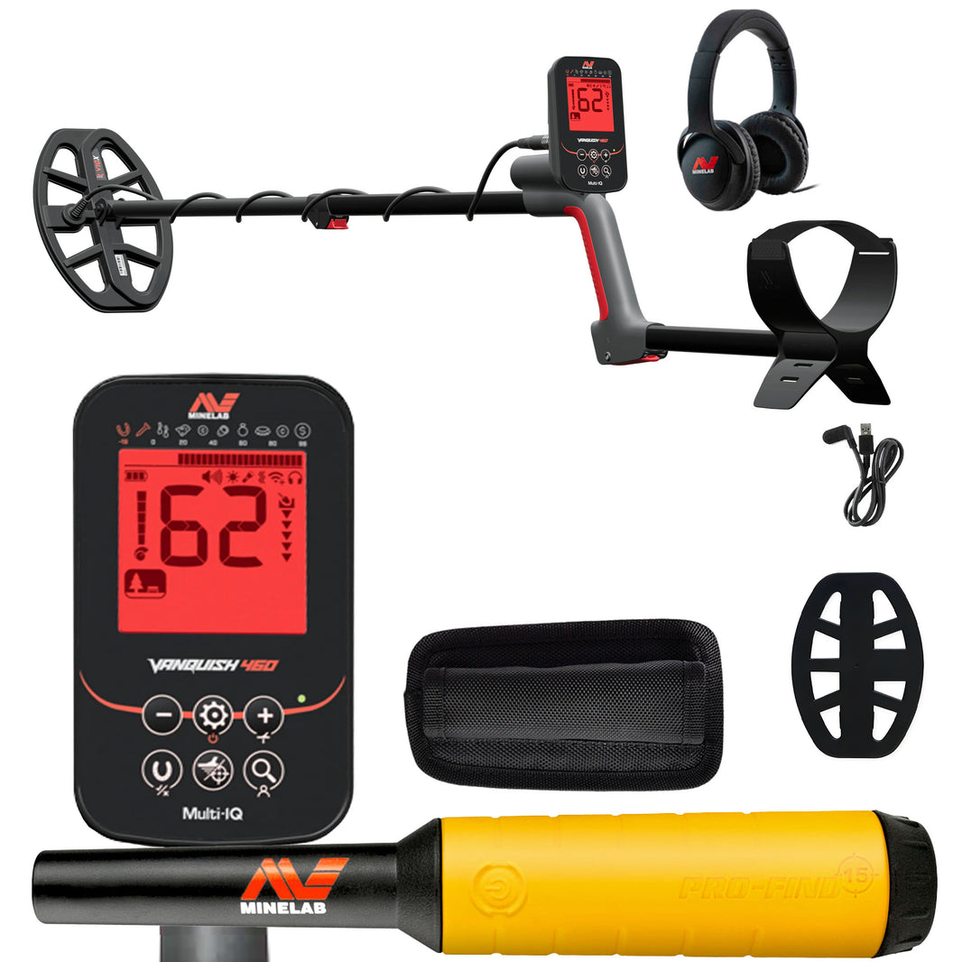 Minelab Vanquish 460 waterproof metal detector with Pro-Find 15 pinpointer on white background
