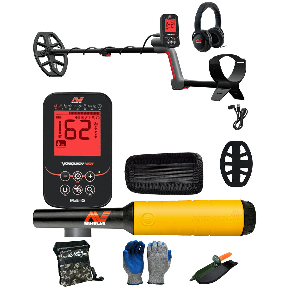 Minelab VANQUISH 460 Waterproof Multi-Frequency Metal Detector with PRO-FIND 15 Pinpointer with Serious Detecting accessory kit