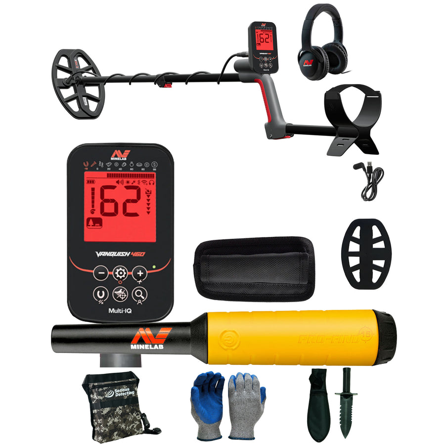 Minelab Vanquish 460 Waterproof Metal Detector, Pinpointer Pro-Find 15, and Serious Detecting accessory kit with pouch, gloves, and digging knife