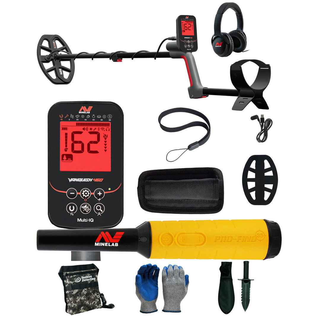 Minelab VANQUISH 460 metal detector complete bundle with Pro-Find 35 pinpointer and digging accessories