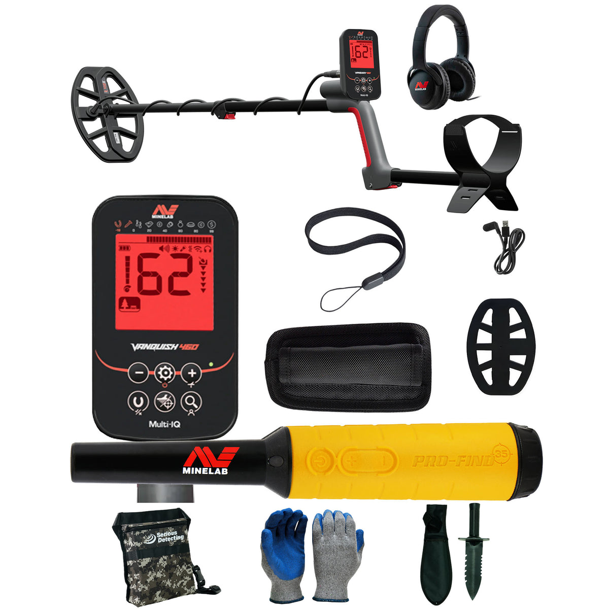 Minelab VANQUISH 460 metal detector complete bundle with Pro-Find 35 pinpointer and digging accessories