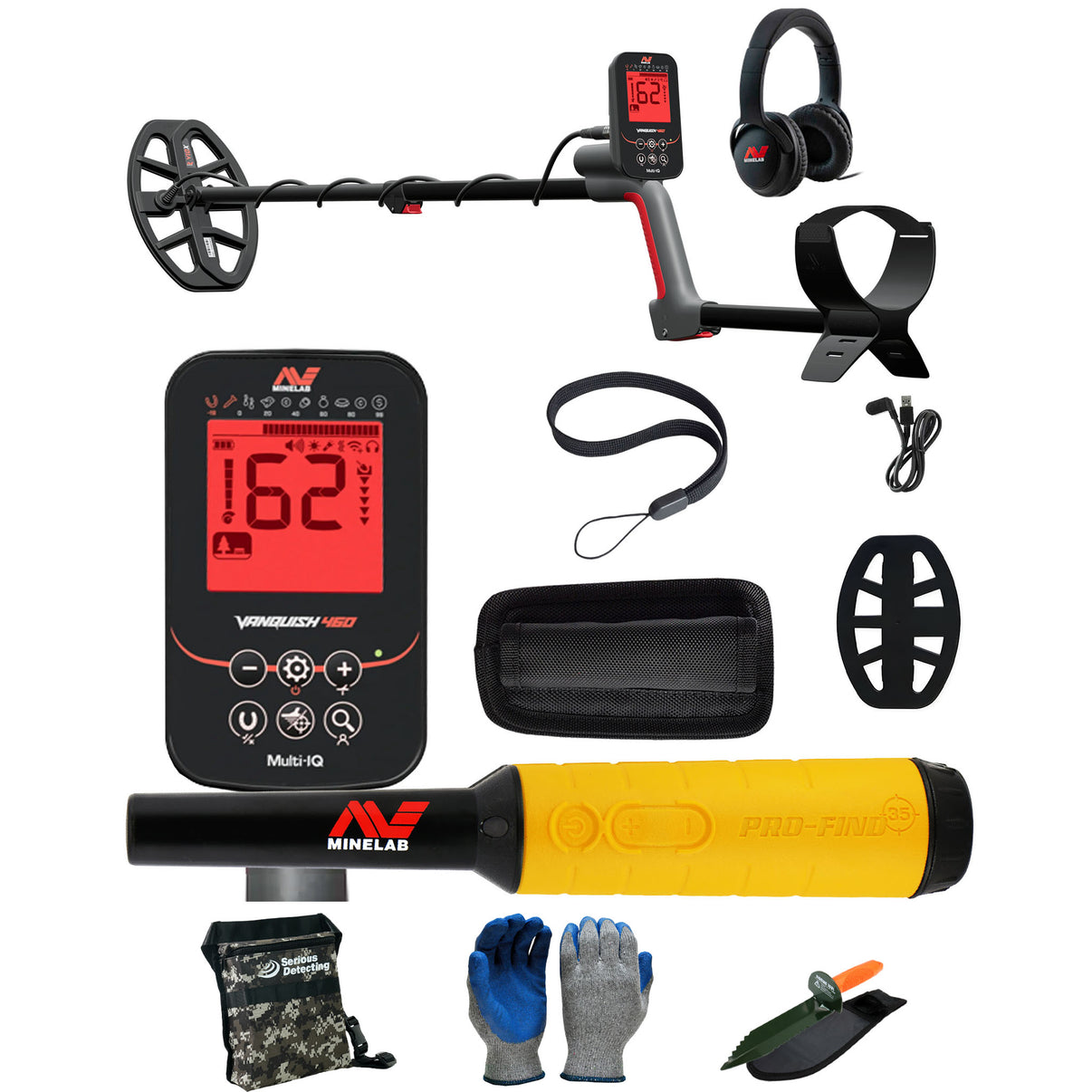 Minelab VANQUISH 460 Waterproof Multi-Frequency Metal Detector with PRO-FIND 35 Pinpointer with Serious Detecting accessories