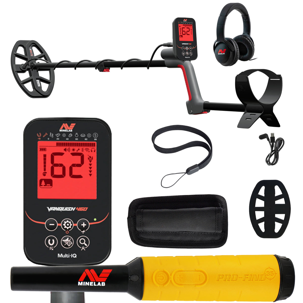 Minelab VANQUISH 460 waterproof metal detector with 10-inch coil and adjustable shaft