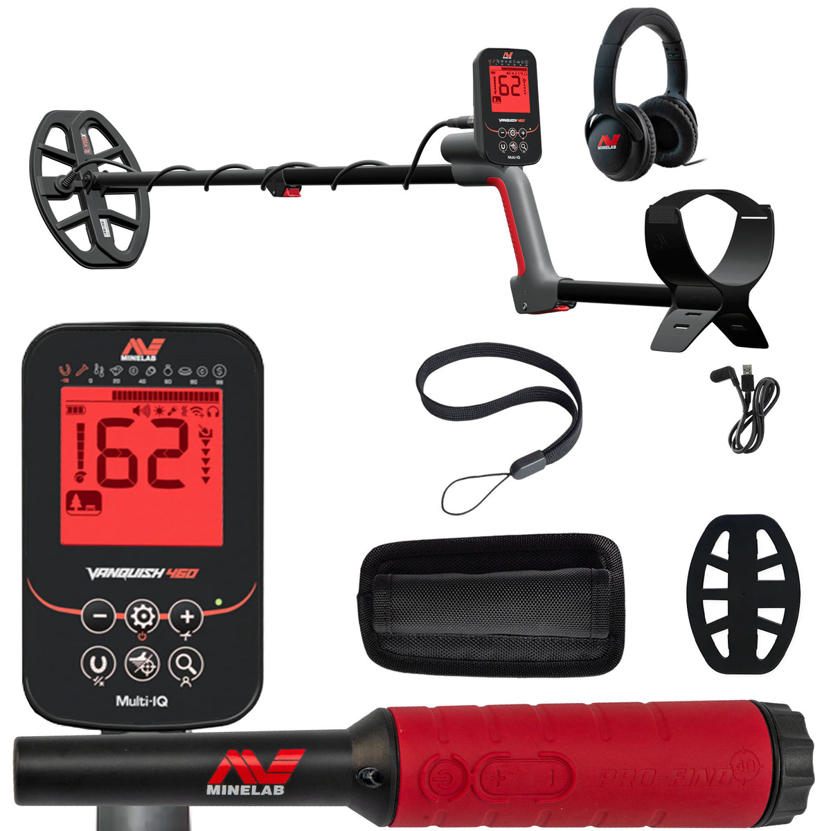 VANQUISH 460 detector with 10-inch coil and Pro-Find 40 pinpointer on white background