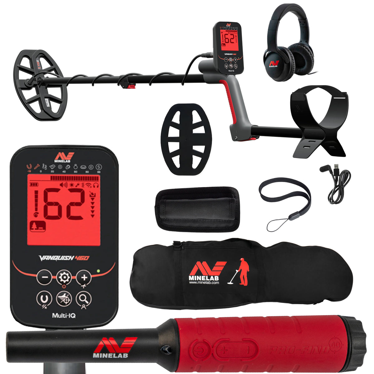 Minelab VANQUISH 460 waterproof metal detector with 10-inch coil and bundle accessories