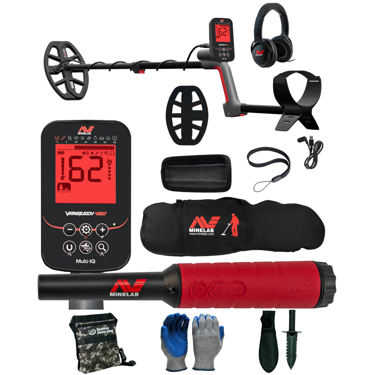 Complete VANQUISH 460 metal detector bundle with Pro-Find 40 pinpointer and detecting accessories kit