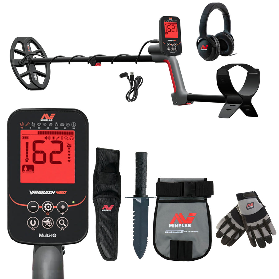 Minelab VANQUISH 460 detector with 10-inch search coil and Minelab Adventure Pack components