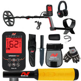 Minelab VANQUISH 460 metal detector with 10-inch coil alongside PRO-FIND 35 pinpointer and adventure pack contents