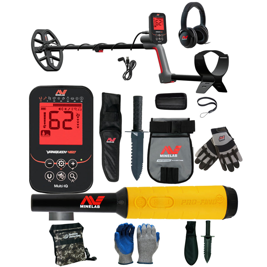 Complete VANQUISH 460 bundle showing metal detector, PRO-FIND 35 pinpointer, adventure pack gear, and Serious Detecting accessories laid out
