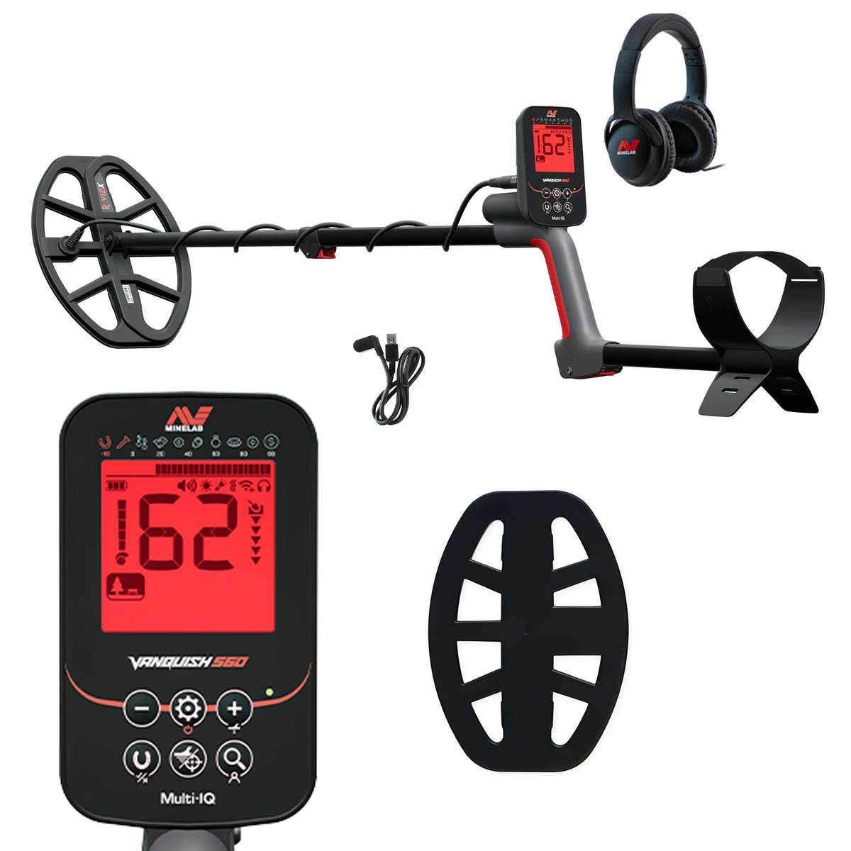 Minelab VANQUISH 560 detector showing complete package with coil, earbuds, charging cable and documentation