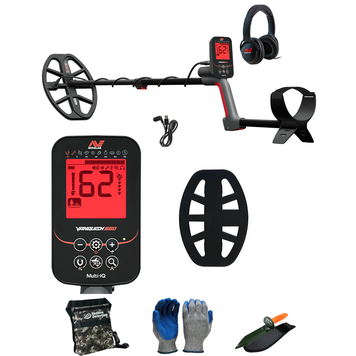 Minelab VANQUISH 560 metal detector with V12 search coil, wireless earbuds, and Serious Detecting accessory kit on white background