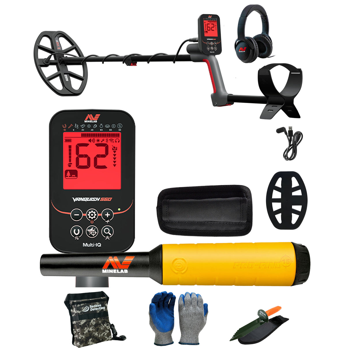 Minelab VANQUISH 560 Waterproof Multi-Frequency Metal Detector with 12 x 9" DD Search Coil with PRO-FIND 15 Pinpointer and Serious Detecting accessory kit