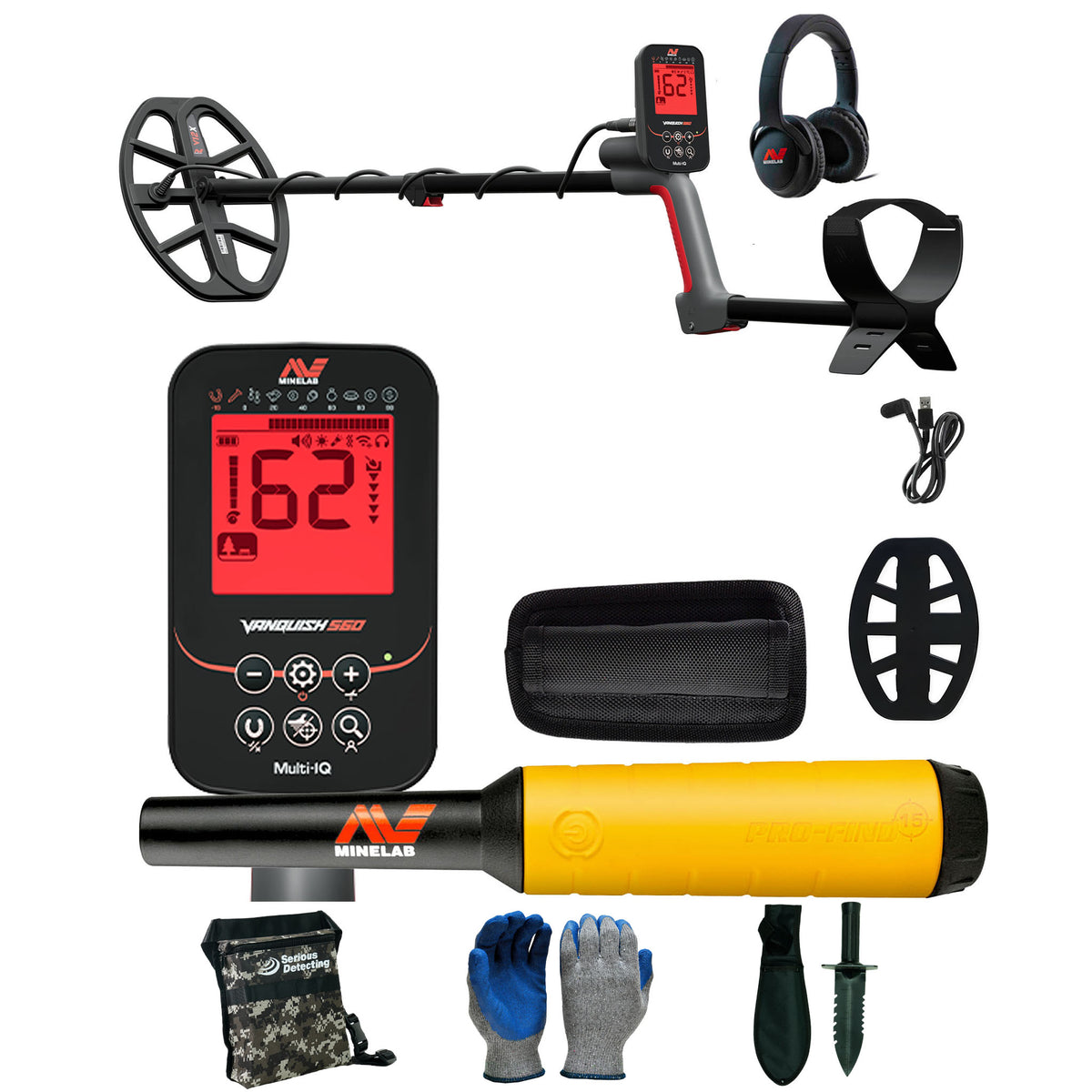 Minelab VANQUISH 560 Waterproof Multi-Frequency Metal Detector with 12 x 9" DD Search Coil with PRO-FIND 15 Pinpointer and Serious Detecting accessory kit with pouch, gloves, and digging knife
