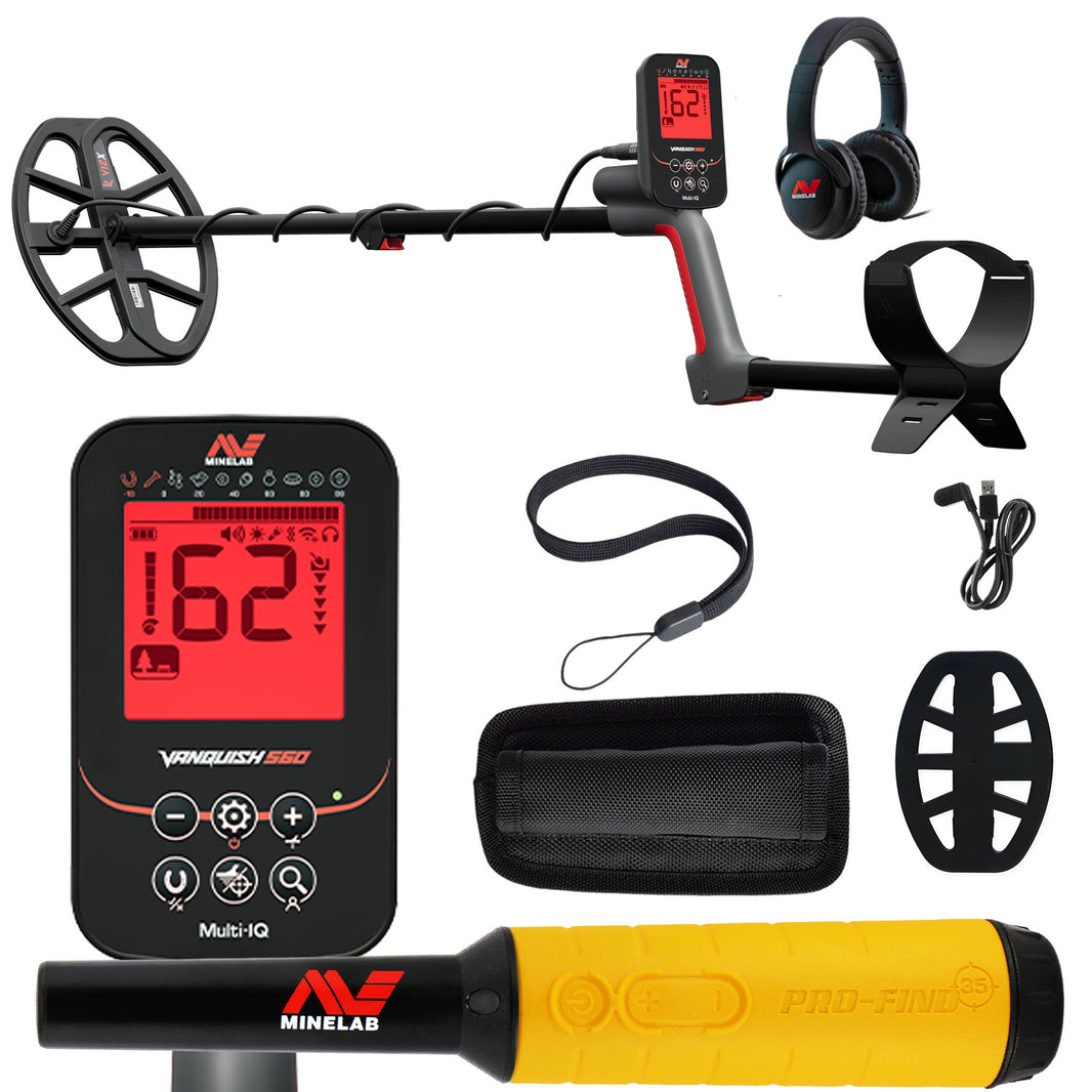 Minelab VANQUISH 560 Waterproof Multi-Frequency Metal Detector with 12 x 9" DD Search Coil with PRO-FIND 35 and accessories