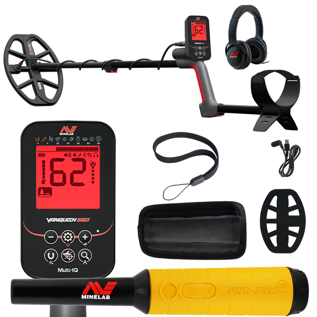 Minelab VANQUISH 560 Waterproof Multi-Frequency Metal Detector with 12 x 9" DD Search Coil with PRO-FIND 35 and accessories
