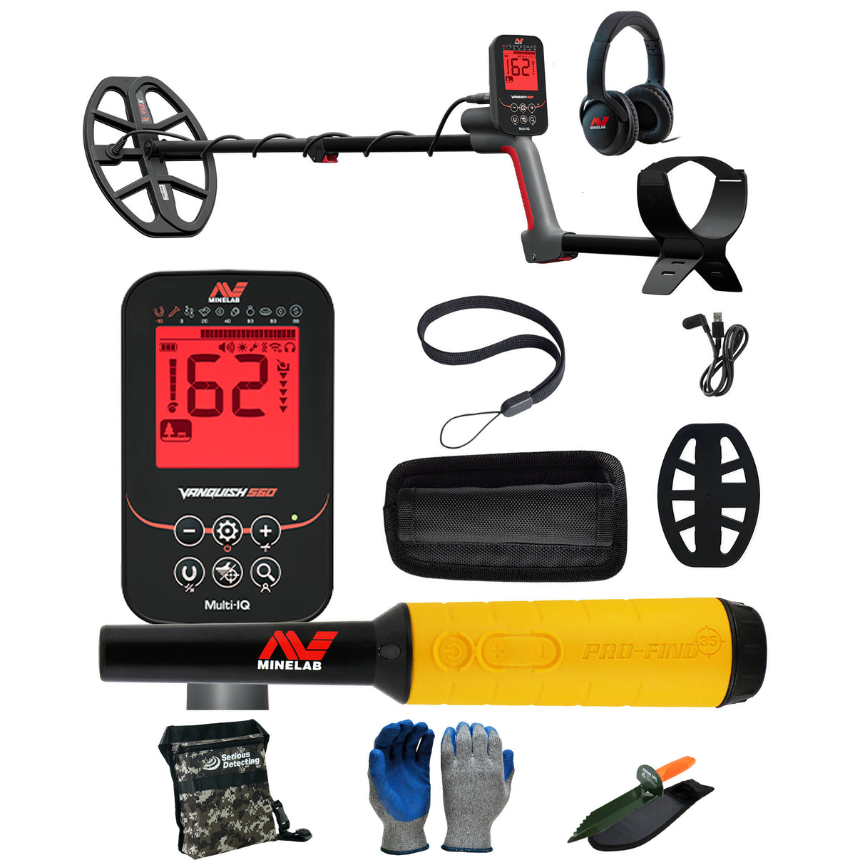 Minelab VANQUISH 560 Waterproof Multi-Frequency Metal Detector with 12 x 9" DD Search Coil with PRO-FIND 35 Pinpointer with Serious Detecting accessory kit