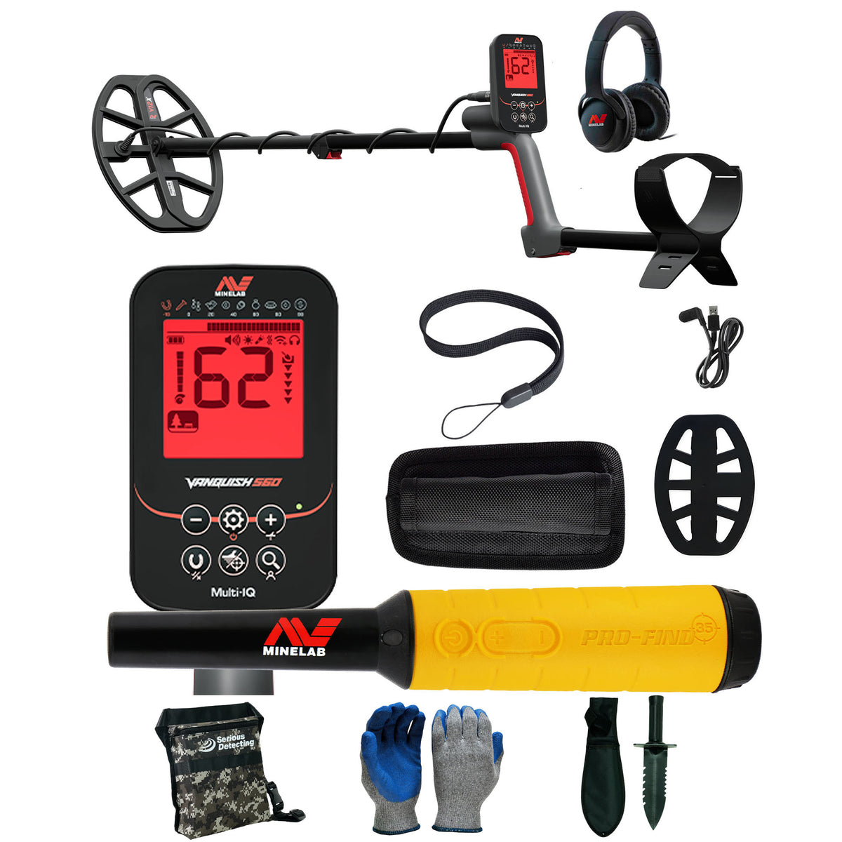 Minelab VANQUISH 560 Waterproof Multi-Frequency Metal Detector with 12 x 9" DD Search Coil with PRO-FIND 35 Pinpointer and Serious Detecting accessory kit with pouch, gloves, and digging knife

