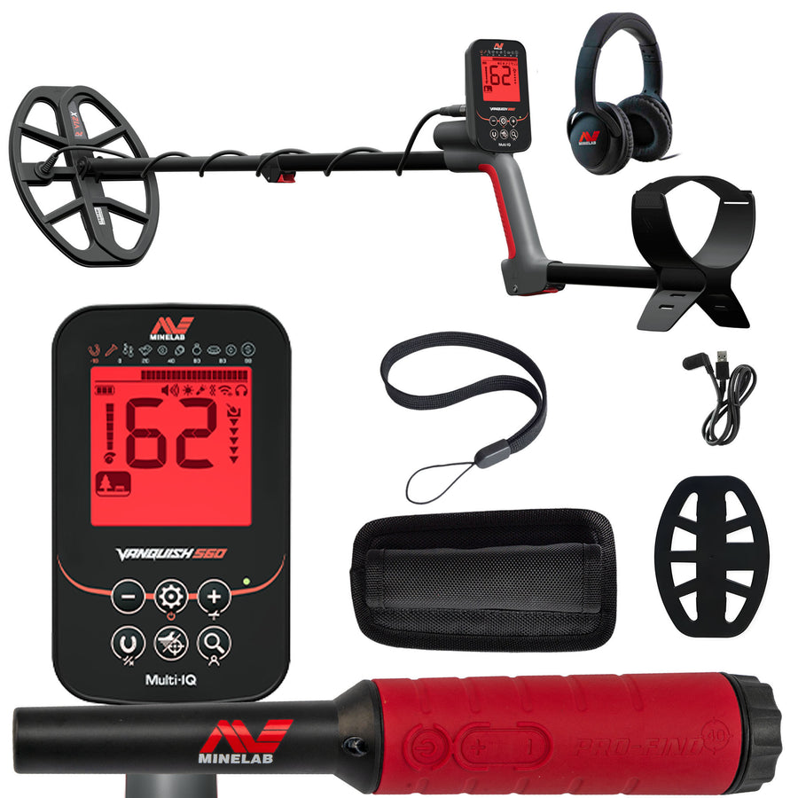 Minelab VANQUISH 560 Waterproof Multi-Frequency Metal Detector with 12 x 9" DD Search Coil with PRO-FIND 40 Pinpointer and accessories