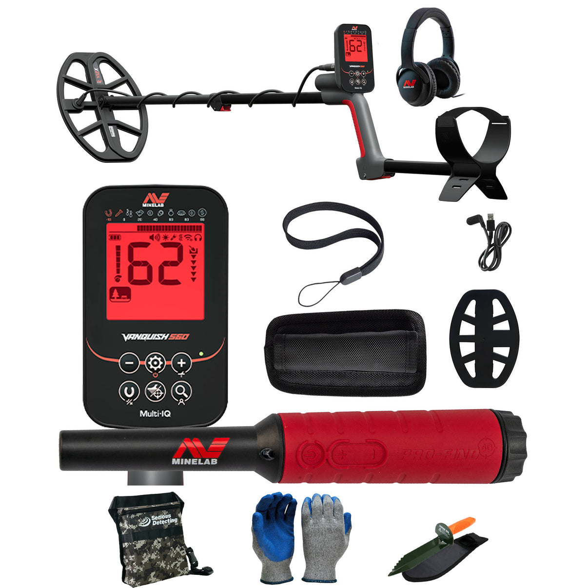 Minelab VANQUISH 560 Waterproof Multi-Frequency Metal Detector with 12 x 9" DD Search Coil with PRO-FIND 40 Pinpointer and Serious Detecting accessory kit