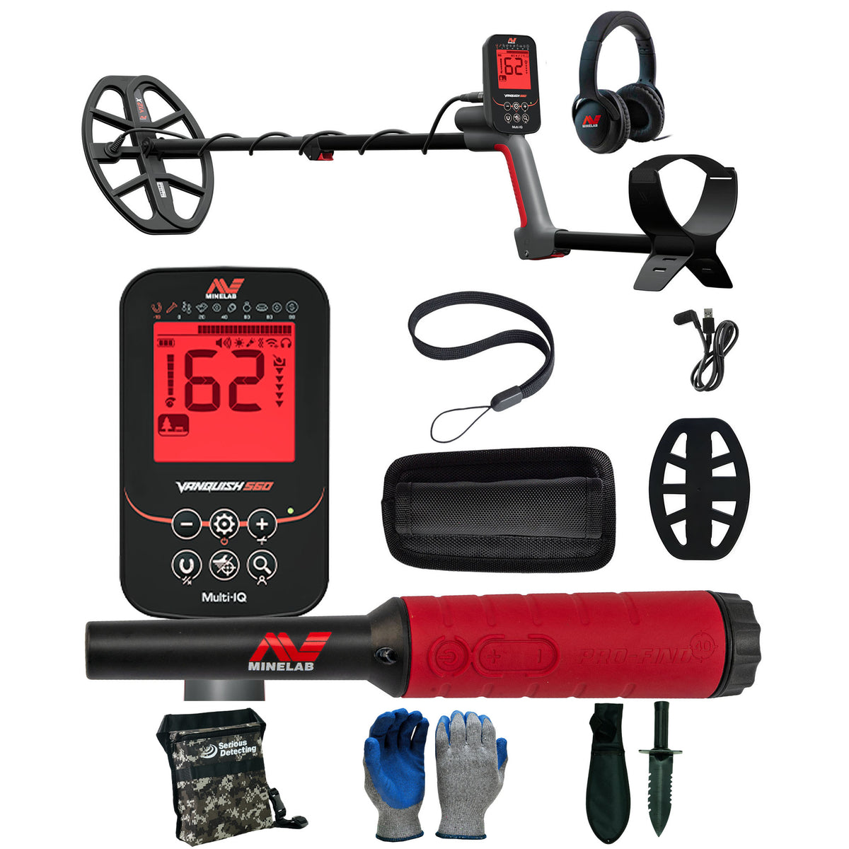 Minelab VANQUISH 560 Waterproof Multi-Frequency Metal Detector with 12 x 9" DD Search Coil with PRO-FIND 40 Pinpointer and Serious Detecting accessory kit with pouch, gloves, and digging knife
