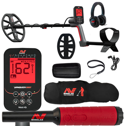 Minelab VANQUISH 560 Waterproof Multi-Frequency Metal Detector with 12 x 9" DD Search Coil with PRO-FIND 40 Pinpointer, Carry Bag, and accessories