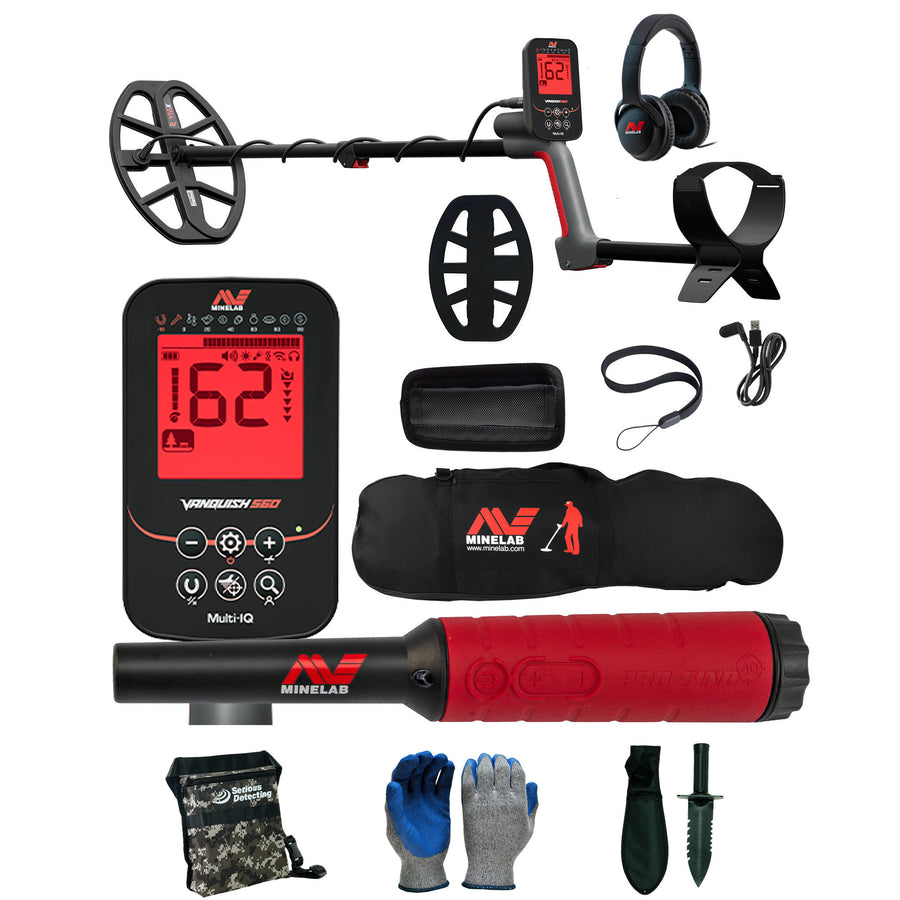 Minelab VANQUISH 560 Waterproof Multi-Frequency Metal Detector with 12 x 9" DD Search Coil with PRO-FIND 40 Pinpointer and Carry Bag and Serious Detecting accessory kit with pouch, gloves, and digging knife
