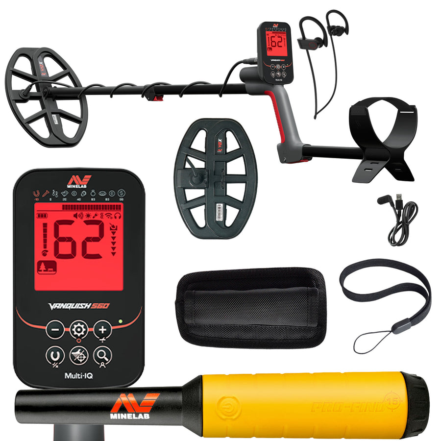 Minelab VANQUISH 560 Pro Pack Waterproof Multi-Frequency Metal Detector with V12x Coil, V8x Coil, PRO-FIND 15 Pinpointer, and accessories