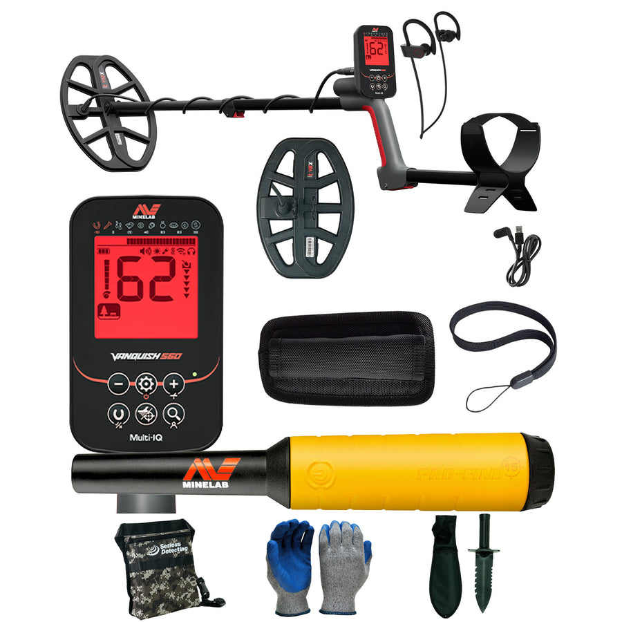 Minelab VANQUISH 560 Pro Pack Waterproof Multi-Frequency Metal Detector with V12x Coil, V8x Coil, PRO-FIND 15 Pinpointer, and Serious Detecting accessory kit with pouch, gloves, and digging knife