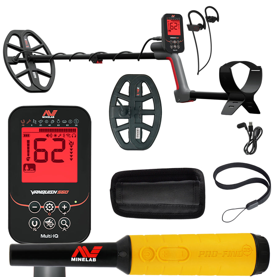 Minelab VANQUISH 560 Pro Pack Waterproof Multi-Frequency Metal Detector with V12x Coil, V8x Coil, PRO-FIND 35 Pinpointer, and accessories