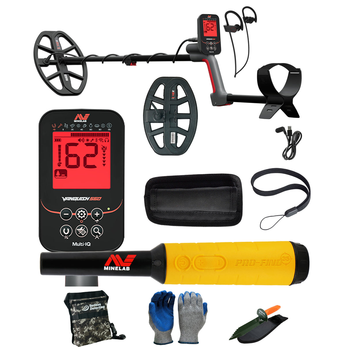Minelab VANQUISH 560 Pro Pack Waterproof Multi-Frequency Metal Detector with V12x Coil, V8x Coil, PRO-FIND 35 Pinpointer, and Serious Detecting accessory kit
