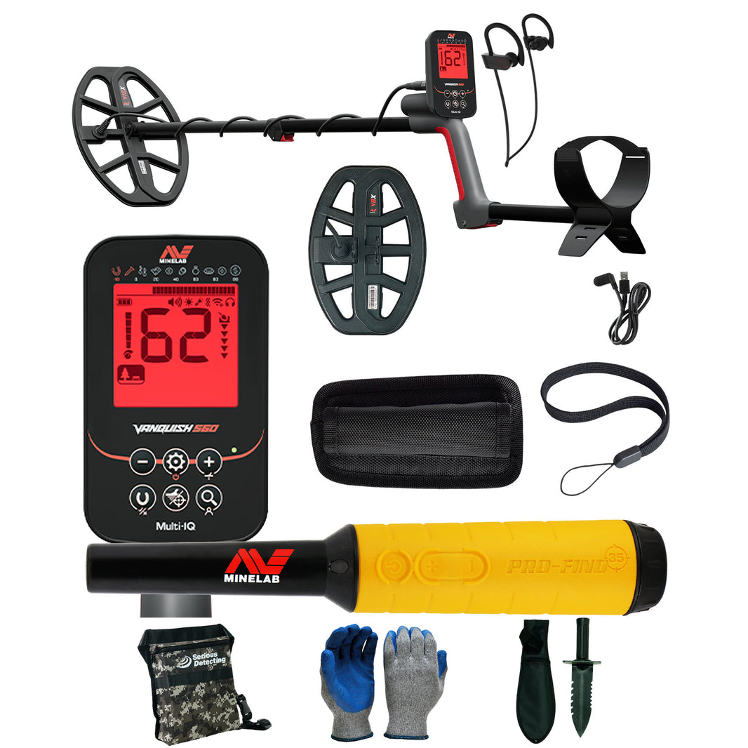 Minelab VANQUISH 560 Pro Pack Waterproof Multi-Frequency Metal Detector with V12x Coil, V8x Coil, PRO-FIND 35 Pinpointer, and Serious Detecting accessory kit with pouch, gloves, and digging knife