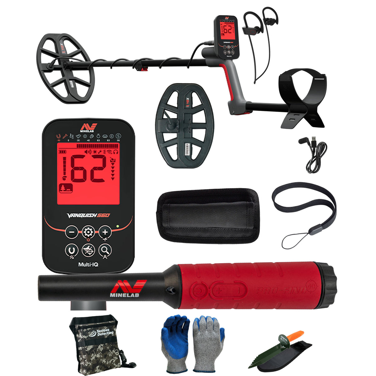 Minelab VANQUISH 560 Pro Pack Waterproof Multi-Frequency Metal Detector with V12x Coil, V8x Coil, PRO-FIND 40 Pinpointer, and Serious Detecting accessory kit
