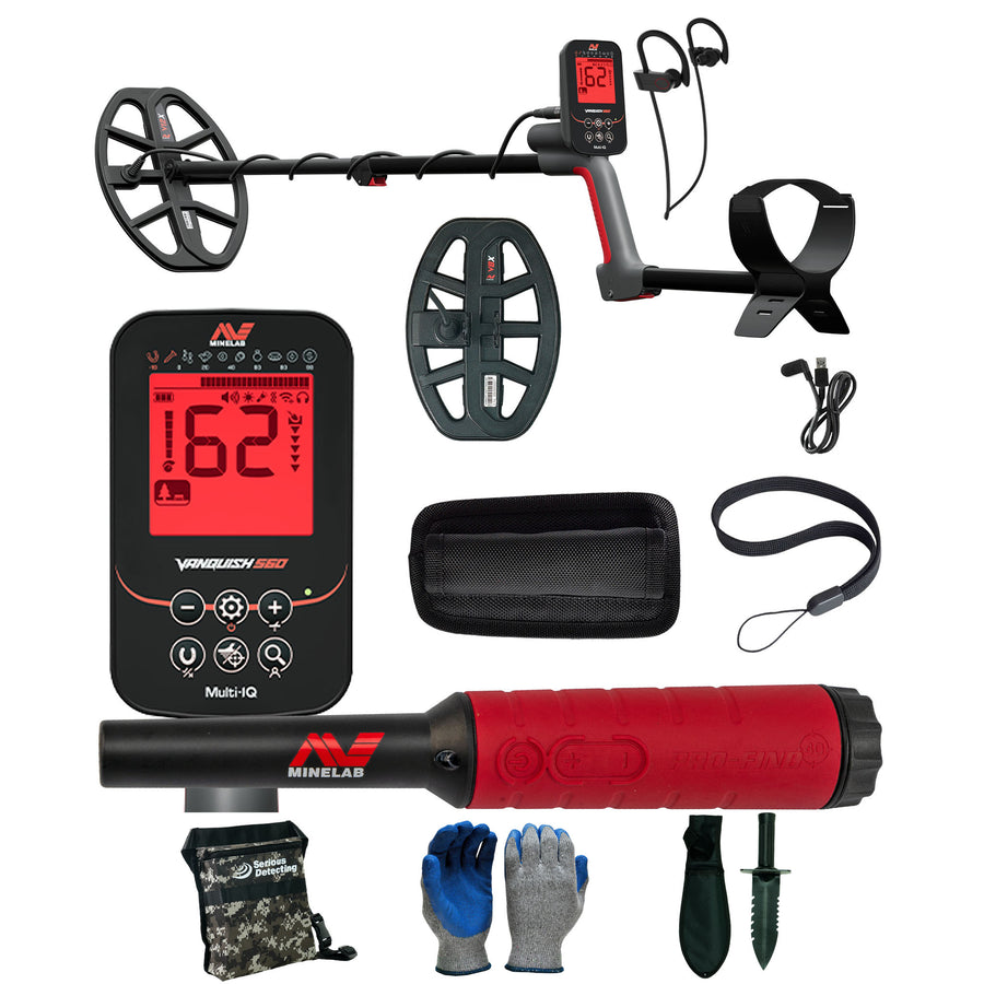 Minelab VANQUISH 560 Pro Pack Waterproof Multi-Frequency Metal Detector with V12x Coil, V8x Coil, PRO-FIND 40 Pinpointer, and Serious Detecting accessory kit with pouch, gloves, and digging knife